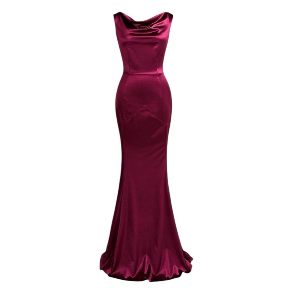 NWT Mermaid Sleeveless Cowl Neck Satin Evening Gown - Wine